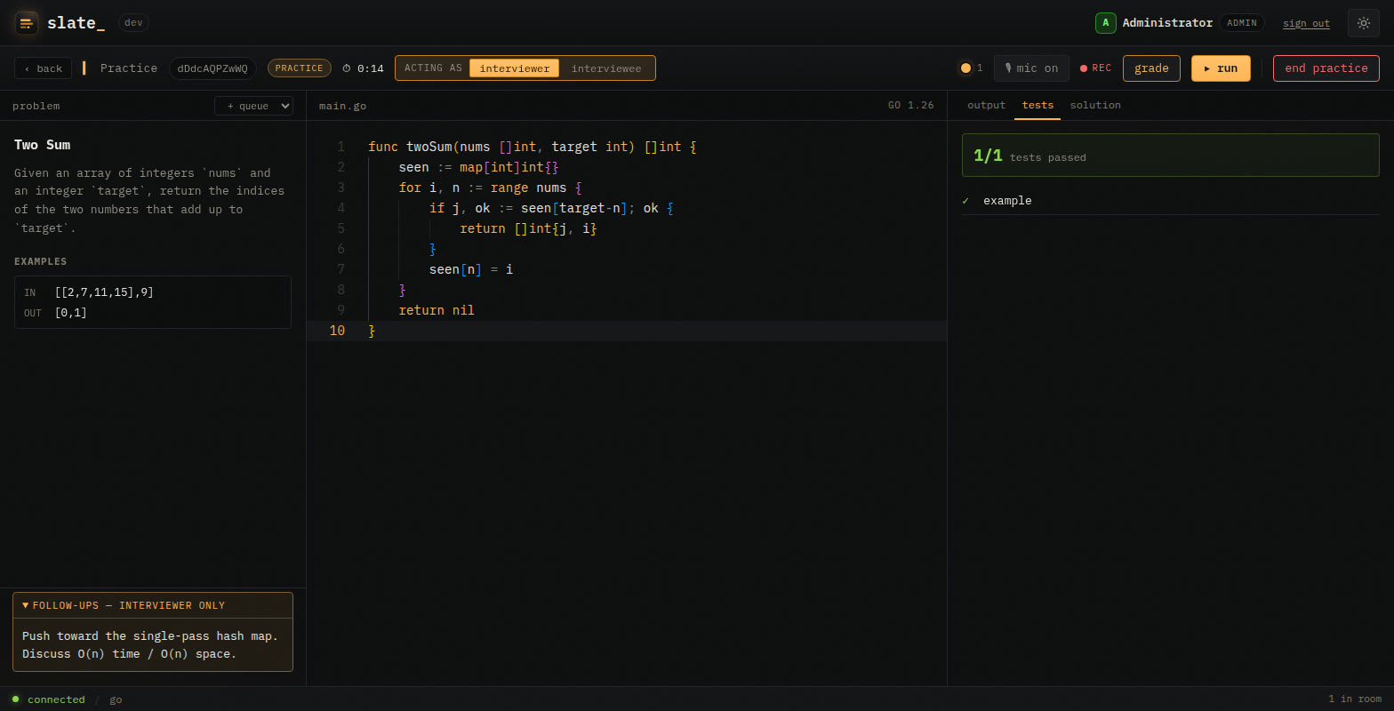 A live coding round in slate: problem prompt, shared editor, and auto-graded tests.